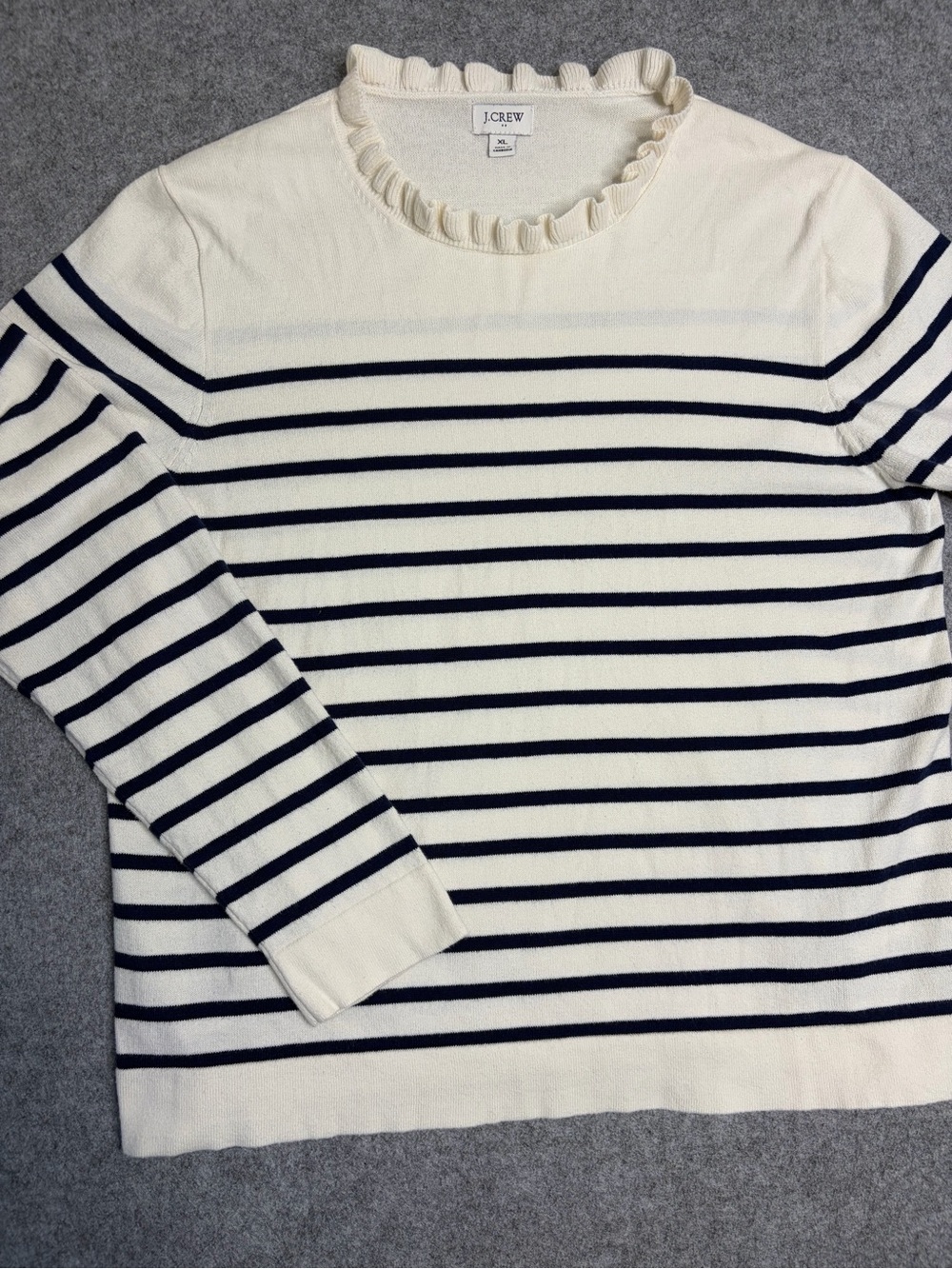 J. Crew Cream & Navy Striped Ruffle Neck Sweater Nautical